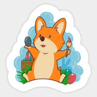 Corgi painting Easter eggs on Easter - Corgi Easter Sticker